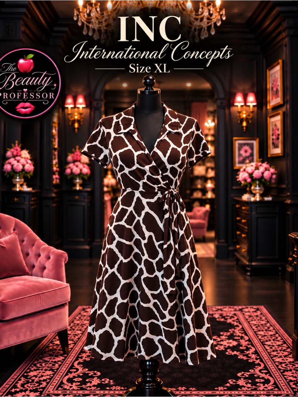 💕 INC International Concepts XL Brown Ivory Giraffe Print Wrap Dress Stretch
